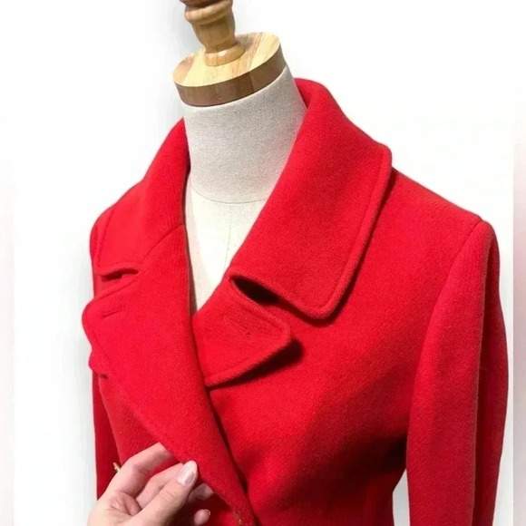 J. Crew Cherry Red Double Breasted Wool Majesty Gold Button Winter Pea Coat 6 - Picture 2 of 11